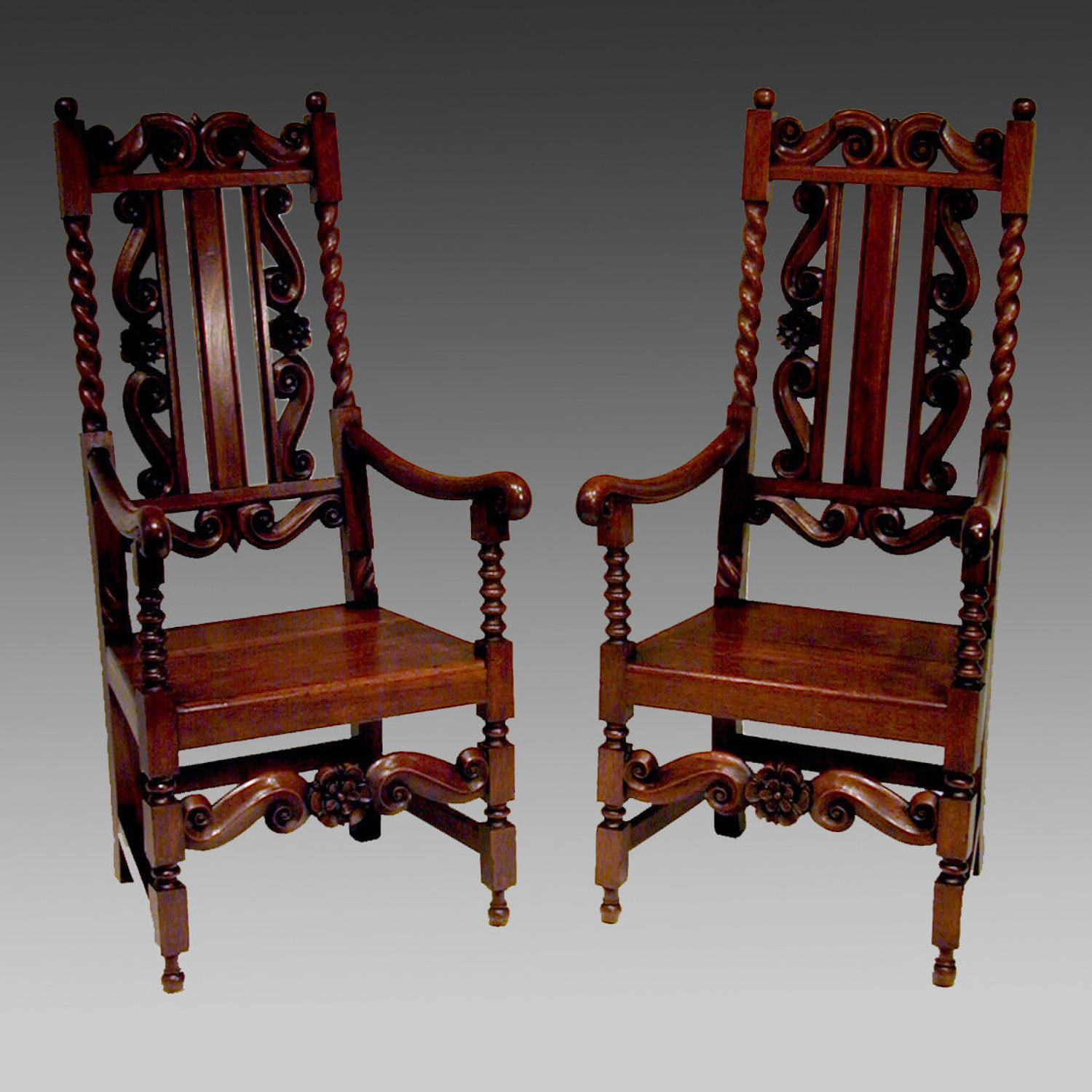 Pair 19th century oak Carolean style child's armchairs