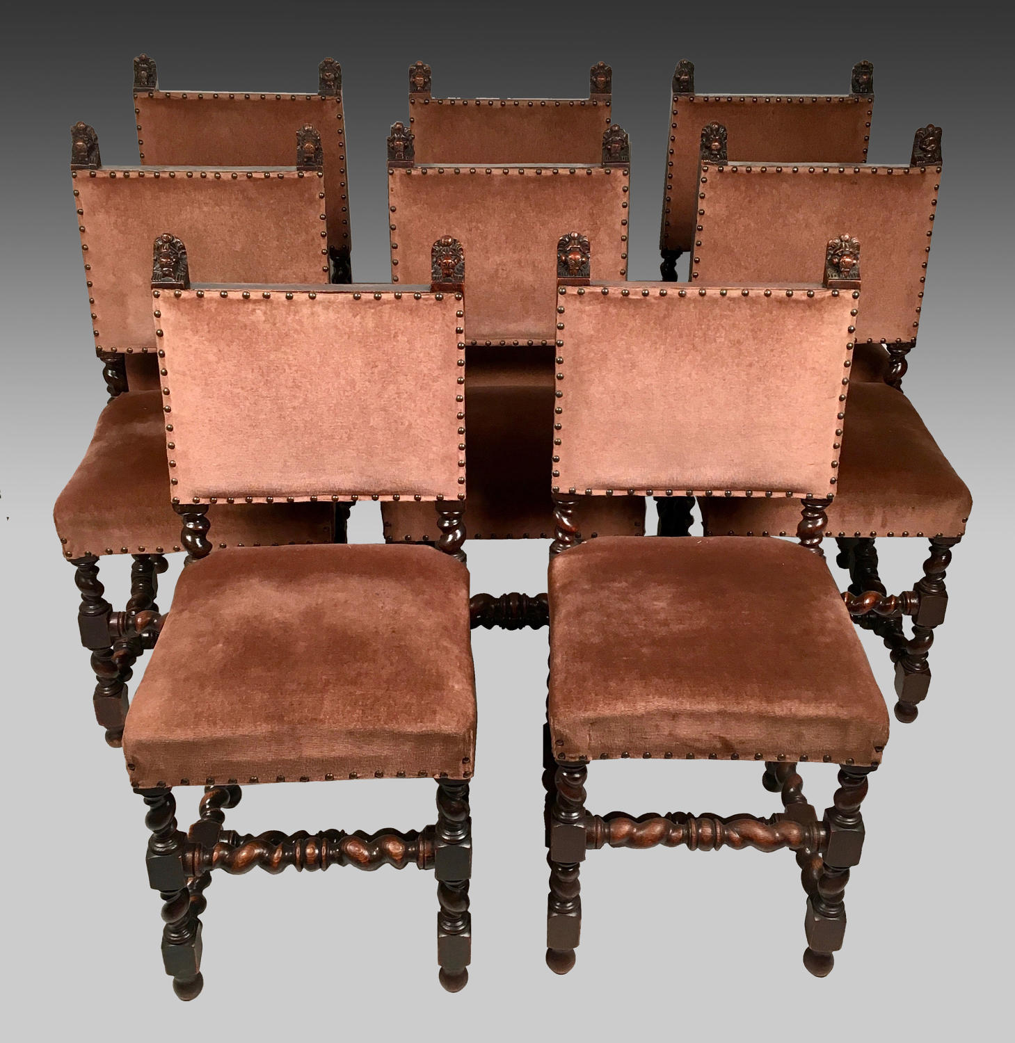 Set of eight, Louis X111 style, oak dining chairs