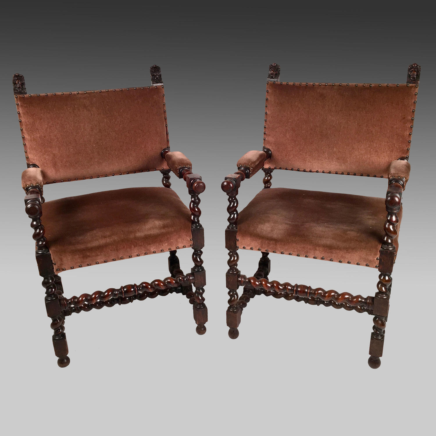 Pair Louis X111 style, oak dining armchairs