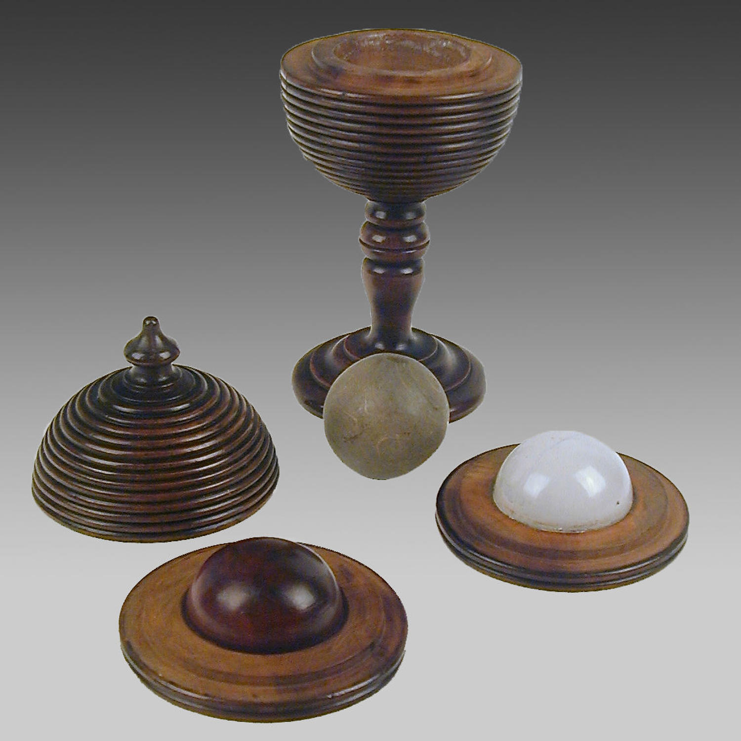 19th century fruitwood cup & cover ‘magical’ trick game