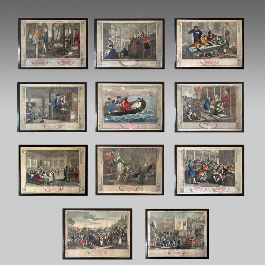 Set of eleven antique coloured engravings by William Hogarth