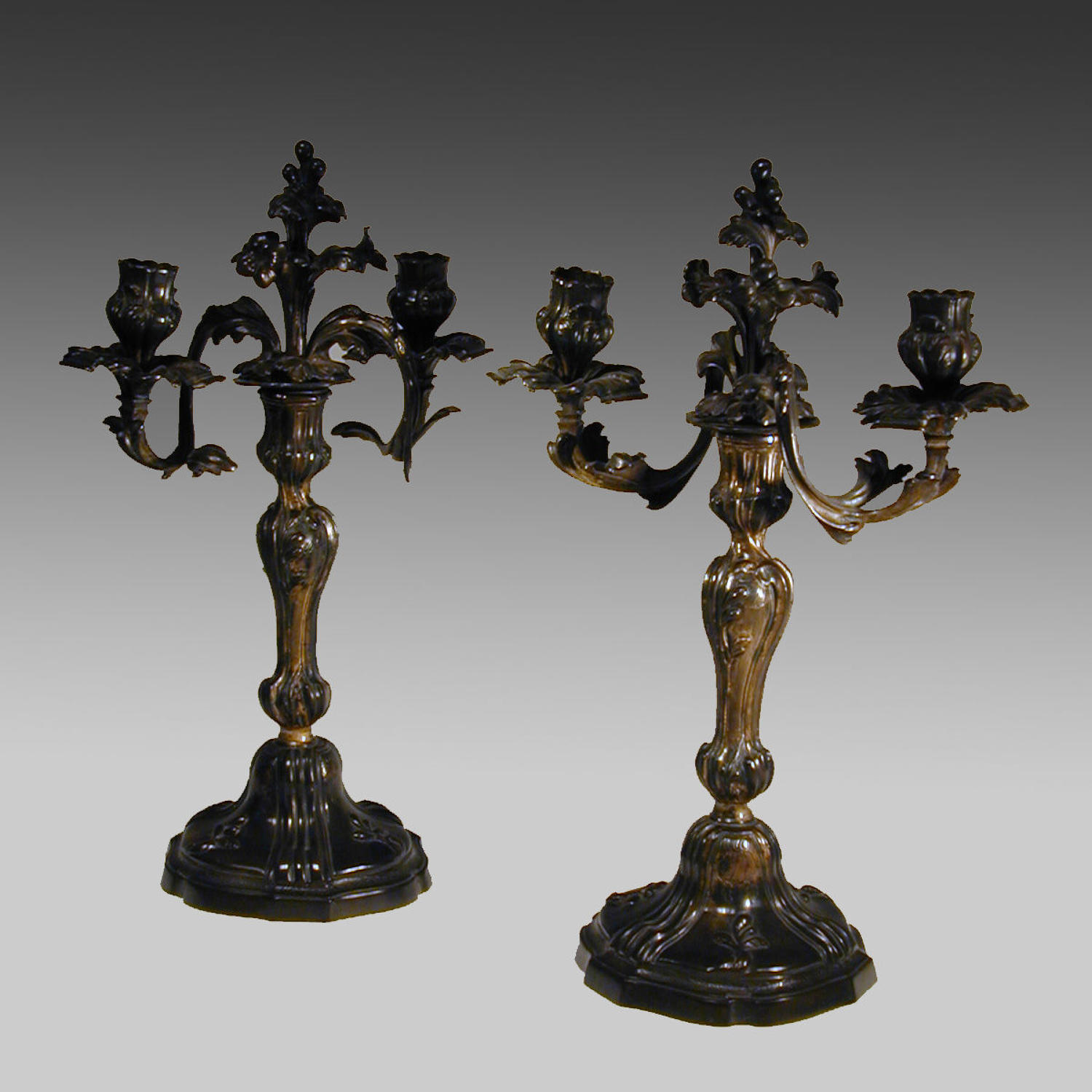 Pair 18th century continental rococo gilt bronze candlesticks