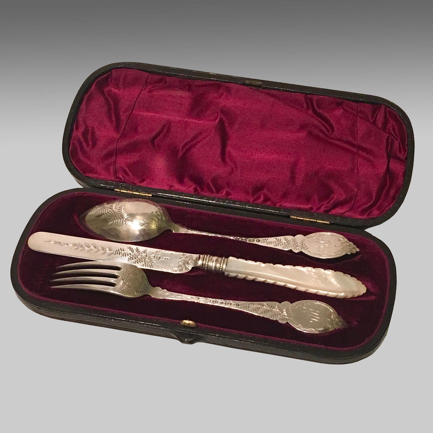 19th century boxed silver christening set