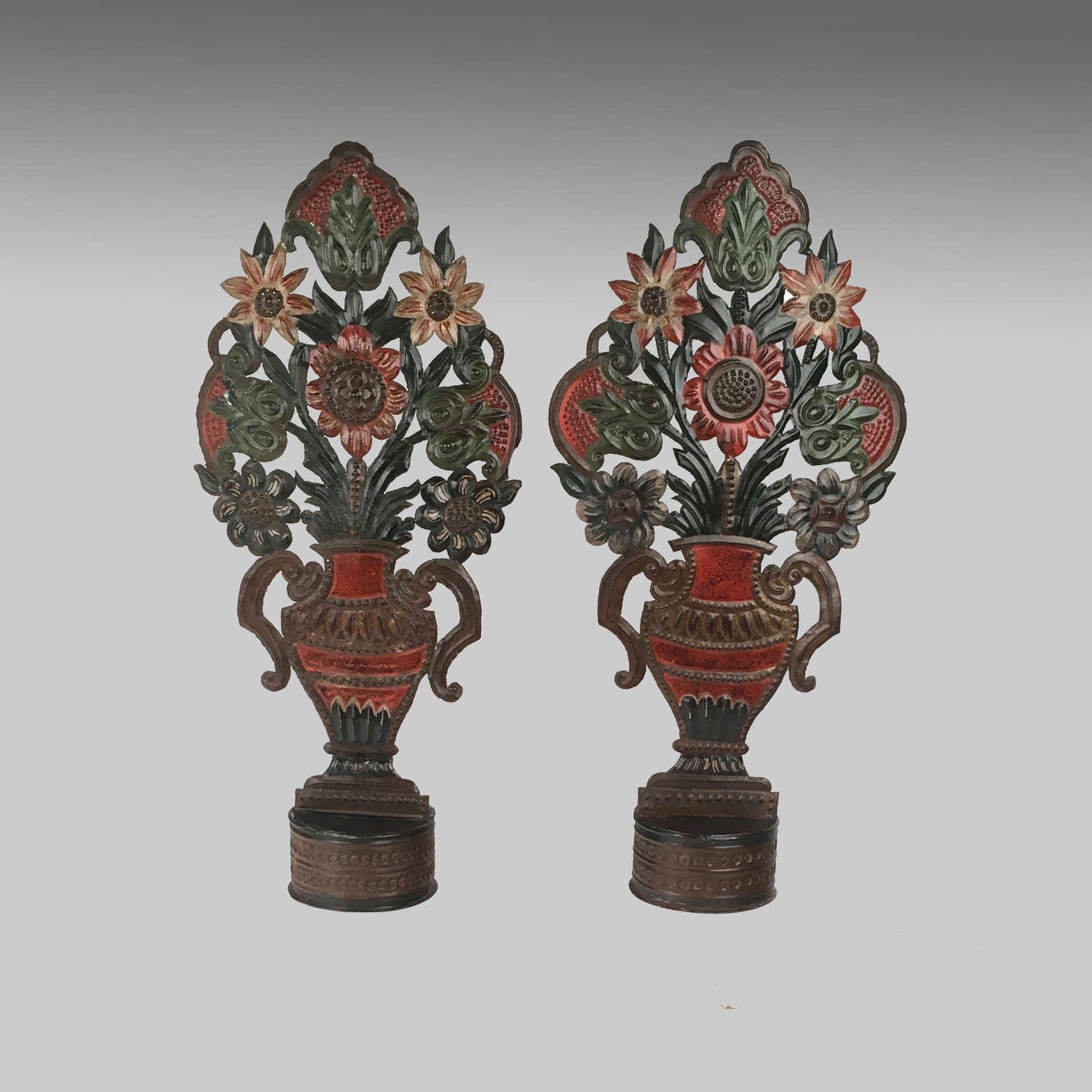 Pair 19th century antique polychrome toleware ornaments