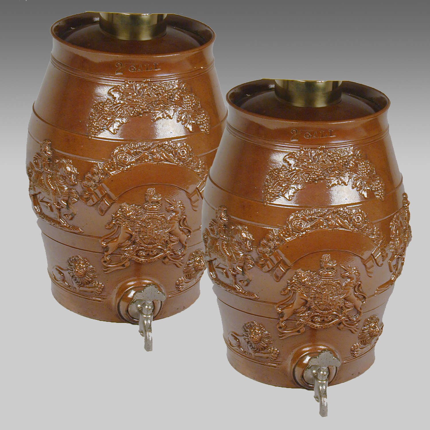 Pr. Derbyshire Brampton pottery salt-glazed stoneware spirit barrels