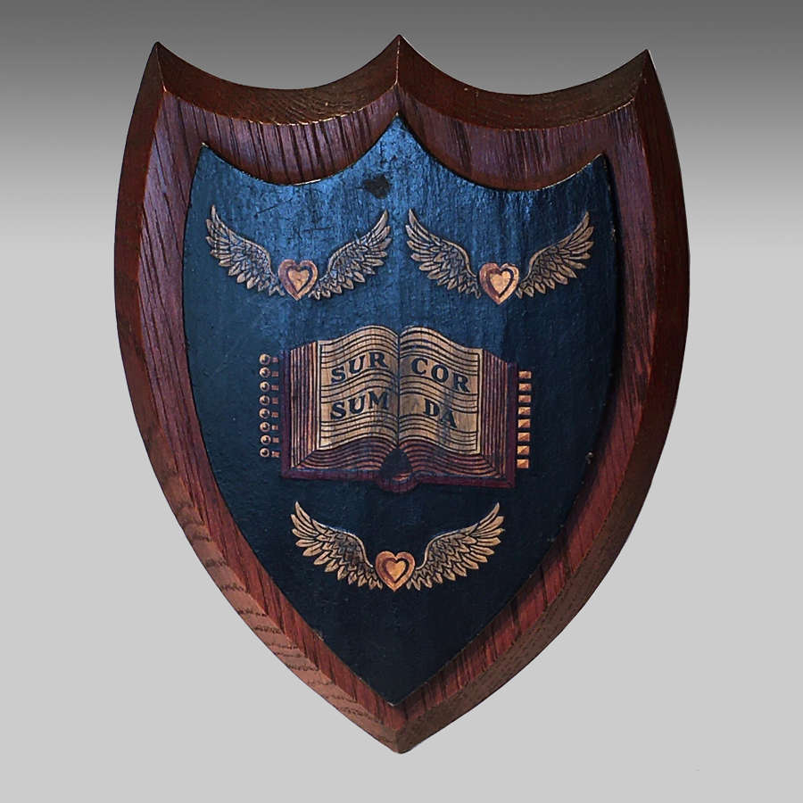 Vintage oak armorial shield for Haileybury College, Hertfordshire
