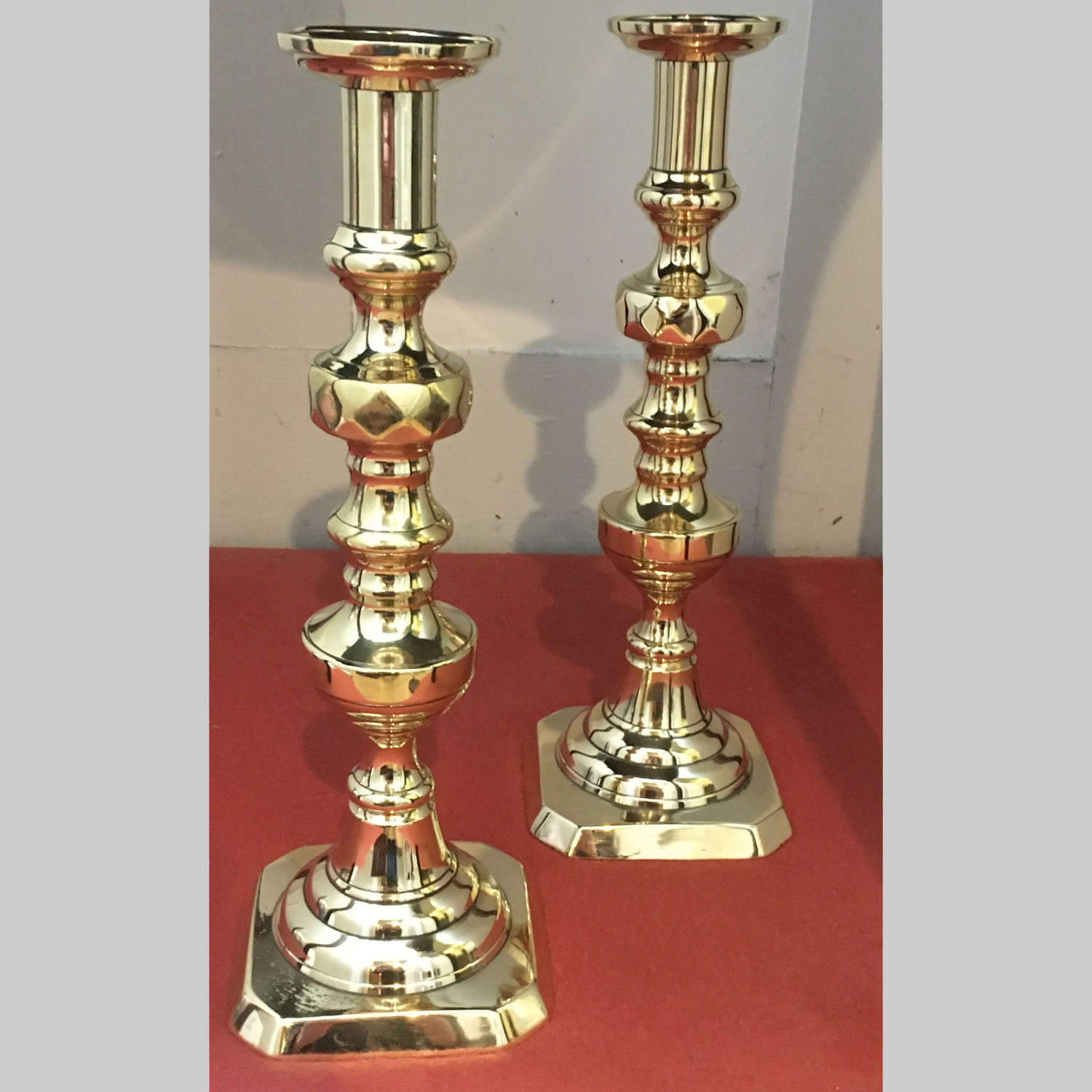 Pair Victorian 'King of Diamonds' cast brass candlesticks