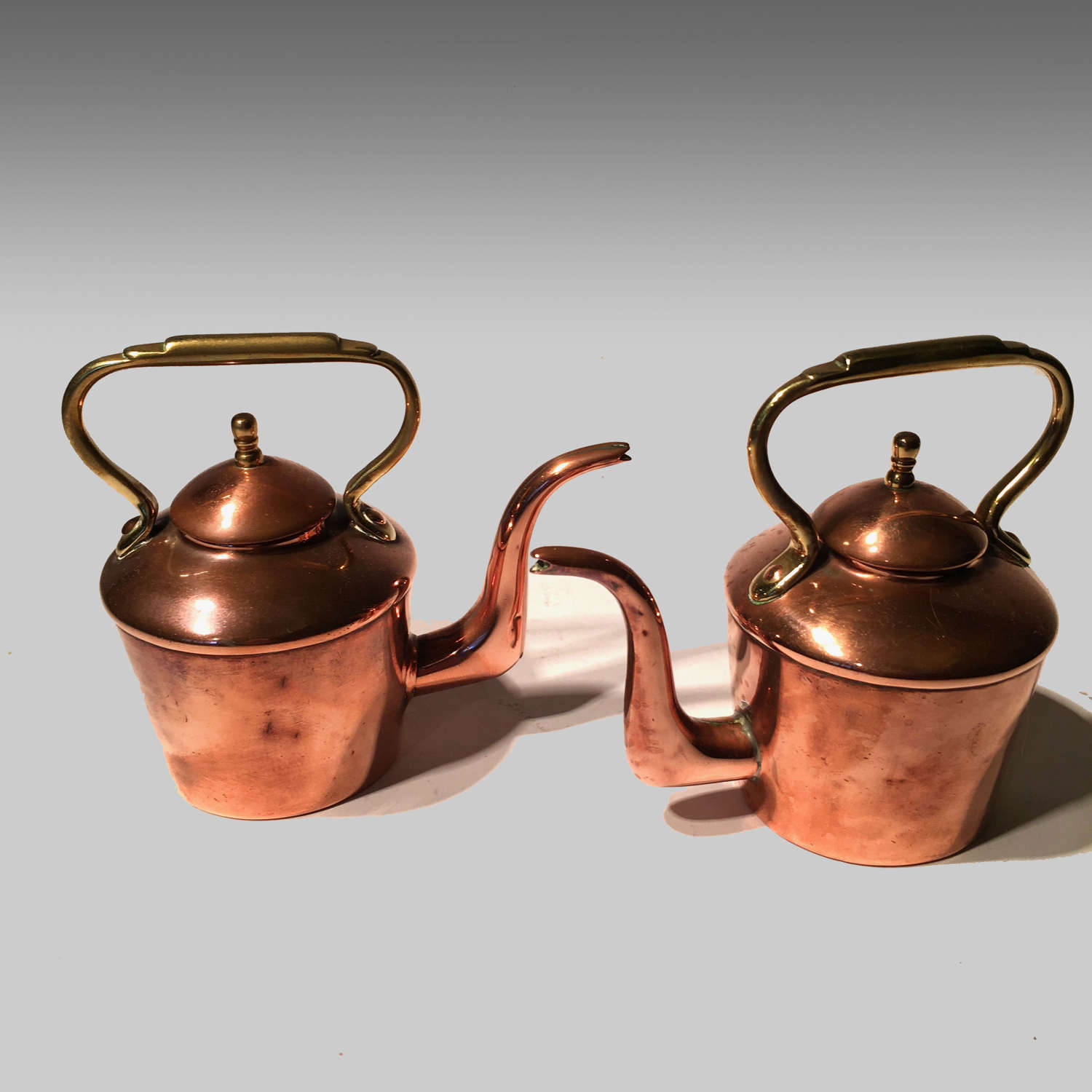 Pair miniature copper kettles