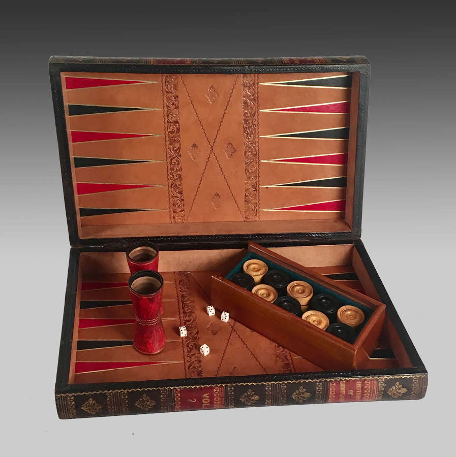 Leather bound faux book backgammon & chess games board