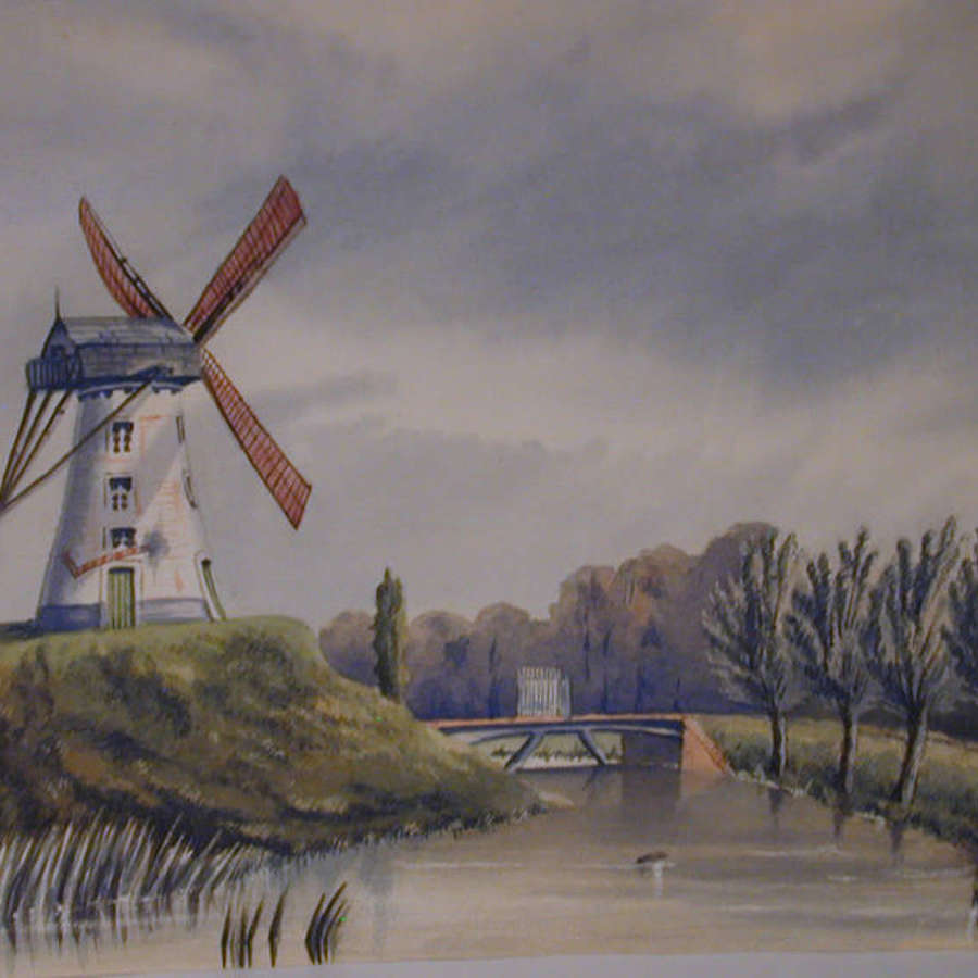 19th century watercolour Flemish river landscape by E.M.Marshall