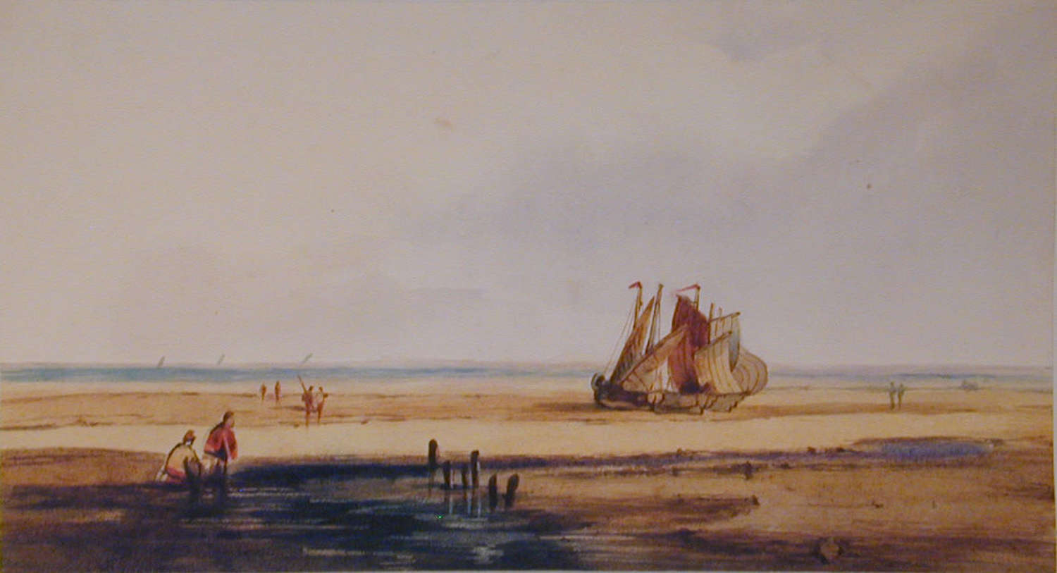 19th century watercolour Flemish seascape by E .M.Marshall