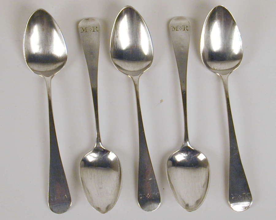 Set of five Georgian silver tea spoons