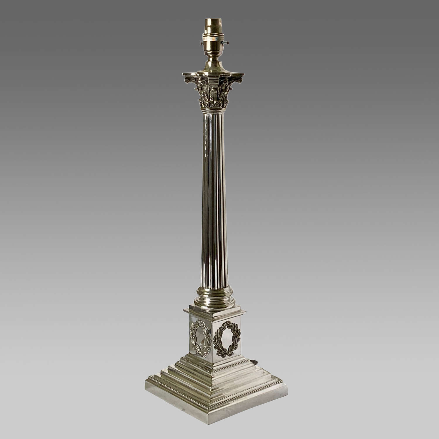 19th century silver-plated Corinthian column lamp