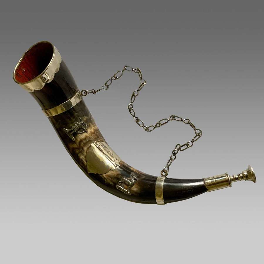 Stag hunting horn with silver plated mounts