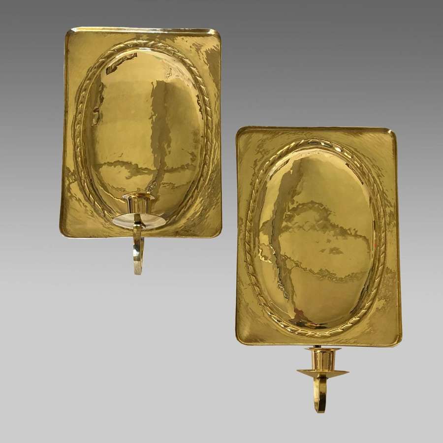 Pair brass Swedish, Arts & Crafts style wall sconces