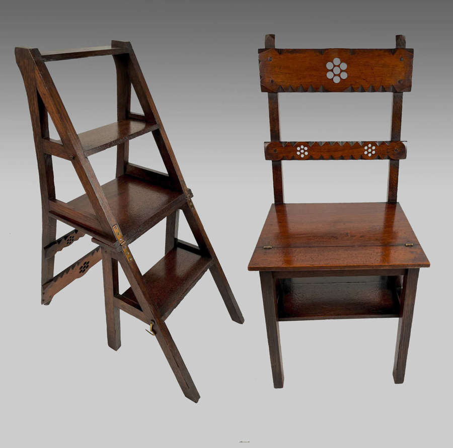 19th century walnut and oak library chair steps