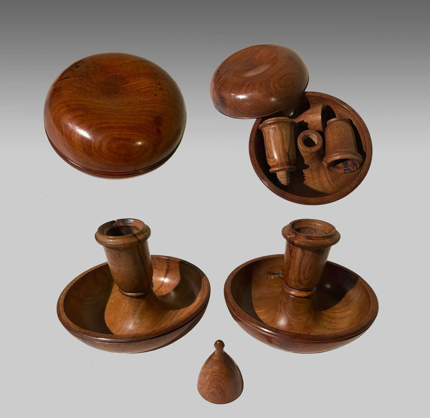 Pair olive wood travelling candlesticks