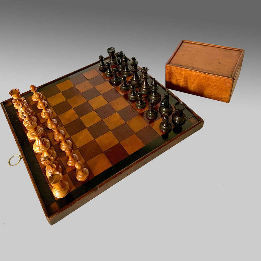 19th century mahogany chess board and Staunton type chess set